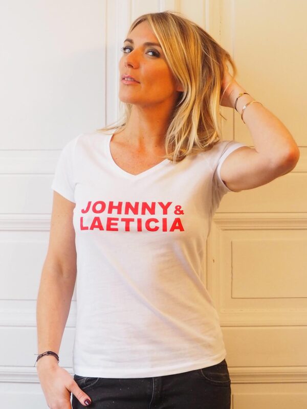 T-SHIRT JOHNNY & LAETICIA Col V Blanc / Rouge