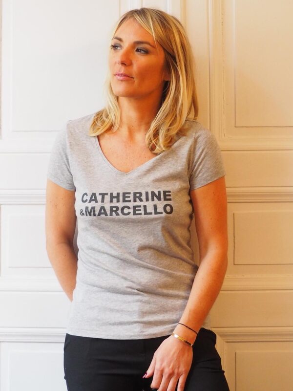 T-Shirt CATHERINE & MARCELLO Col V Gris Chiné / Carbone