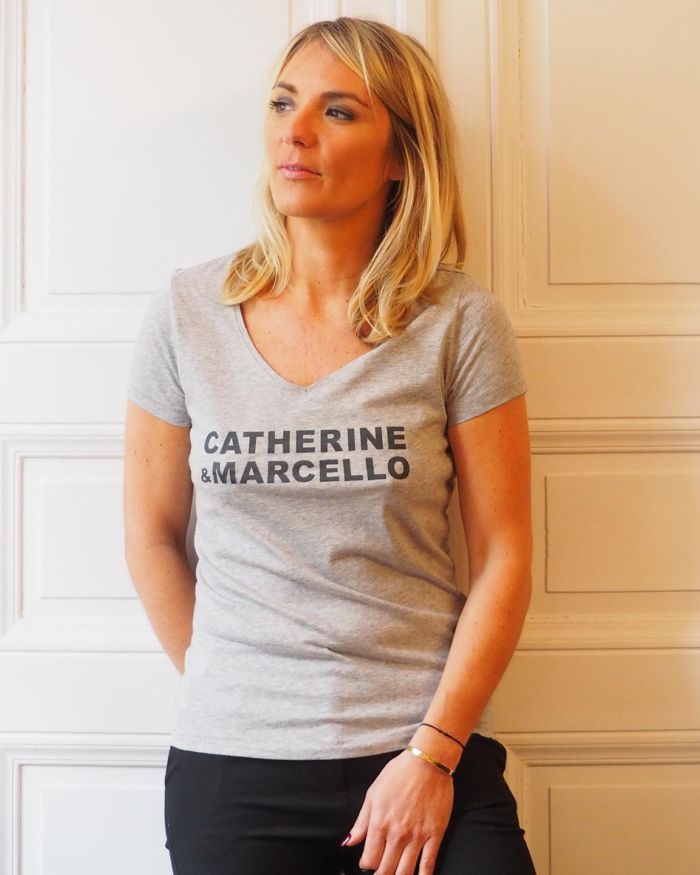 T-Shirt CATHERINE & MARCELLO Col V Gris Chiné / Carbone