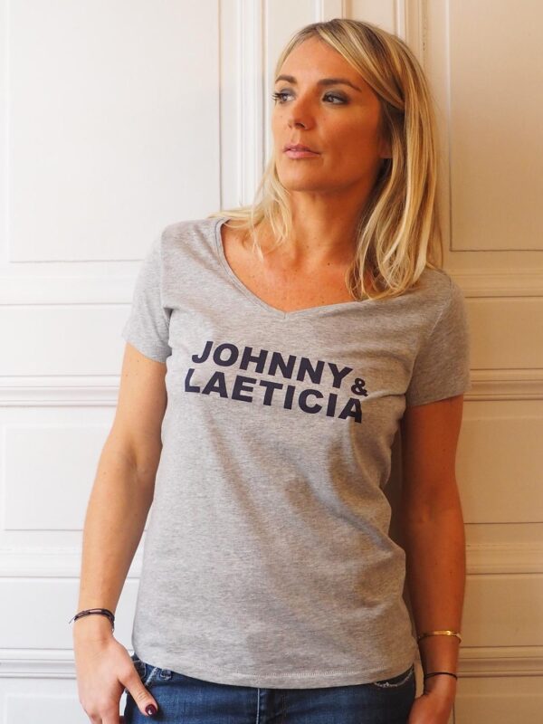 T-SHIRT JOHNNY & LAETICIA Col V Gris Chiné / Navy