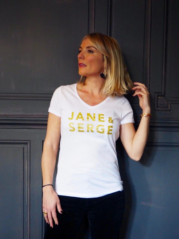 T-Shirt Col V JANE & SERGE Blanc / Gold Glitter