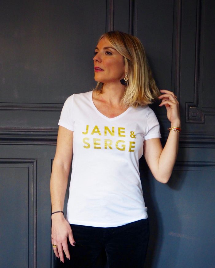 T-Shirt Col V JANE & SERGE Blanc / Gold Glitter