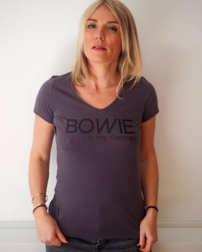 T-Shirt Col V  BOWIE is my therapy  Anthracite / Black