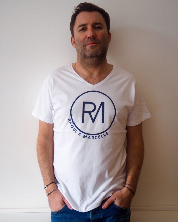 T-Shirt Col V RAOUL & MARCELLE Blanc / Navy