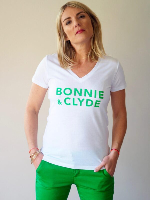 T-Shirt Col V  BONNIE & CLYDE White / Vert