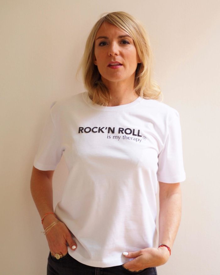 T-Shirt coupe “boxy” ROCK ‘N ROLL is my therapy  Blanc / Black