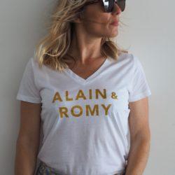 T-Shirt Col V ALAIN & ROMY  Blanc / Gold Glitter