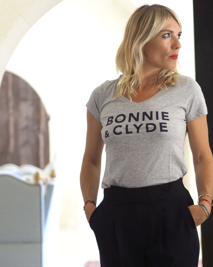 T-Shirt Col V BONNIE & CLYDE  Gris Chiné / Navy