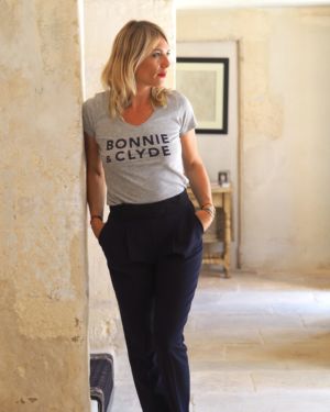 T-Shirt Col V BONNIE & CLYDE  Gris Chiné / Navy