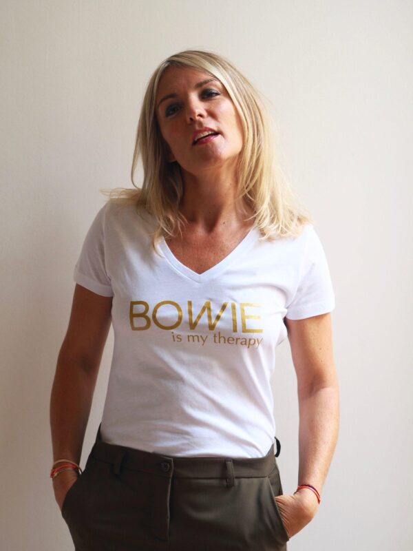T-Shirt Col V BOWIE is my therapy Blanc / Gold Glitter