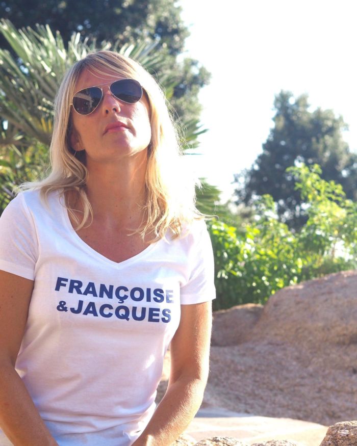 T-Shirt Col V FRANCOISE & JACQUES  Blanc / Bleu Majorelle