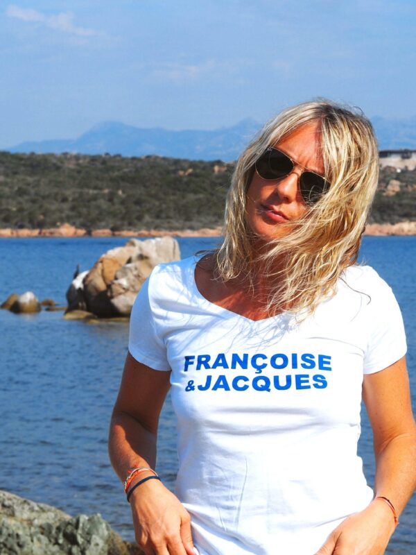 T-Shirt Col V FRANCOISE & JACQUES Blanc / Bleu Majorelle