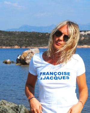 T-Shirt Col V FRANCOISE & JACQUES  Blanc / Bleu Majorelle