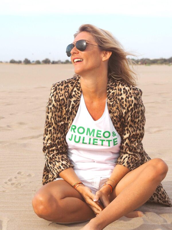 T-Shirt Col V ROMEO & JULIETTE Blanc / Vert