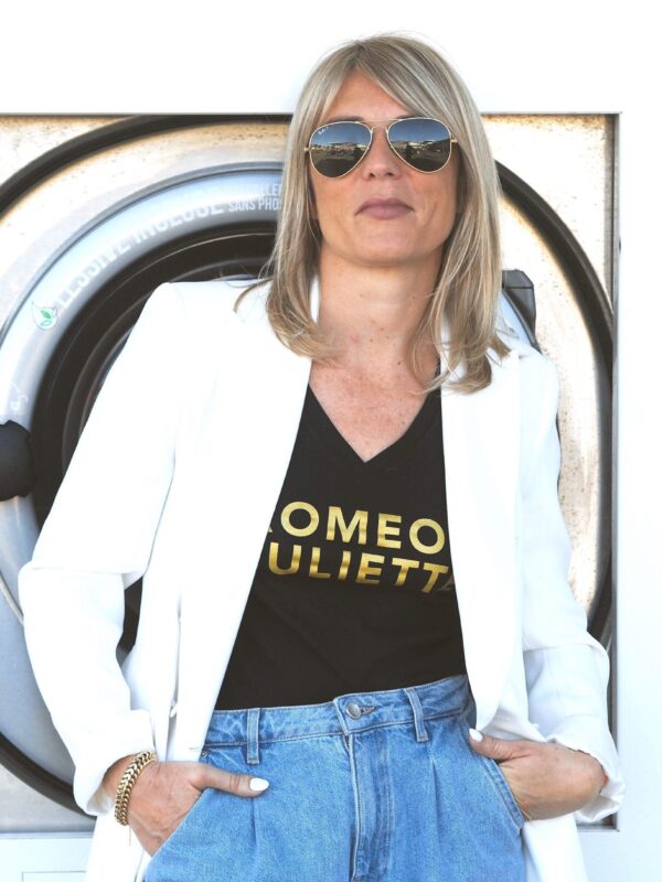 T-Shirt Col V ROMEO & JULIETTE Black / Gold