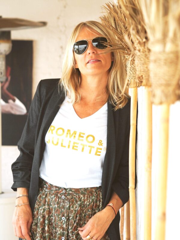 T-Shirt Col V ROMEO & JULIETTE Blanc / Gold Glitter