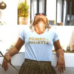 T-Shirt Col V ROMEO & JULIETTE Blanc / Gold Glitter
