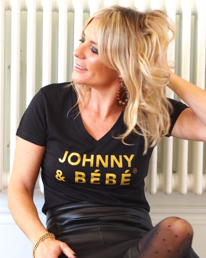 T-Shirt Col V JOHNNY & BEBE  Black / Gold Glitter
