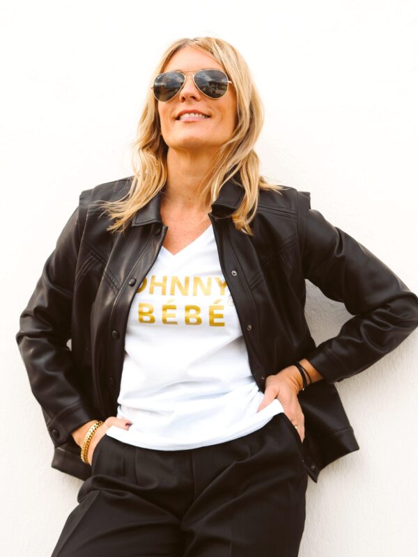 T-Shirt Col V JOHNNY & BEBE Blanc / Gold Glitter