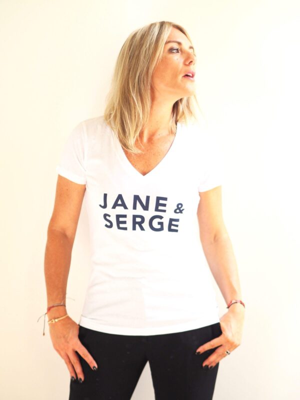 T-Shirt Col V JANE & SERGE Blanc / Navy