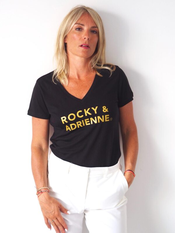 T-Shirt Col V ROCKY & ADRIENNE Black / Gold Glitter