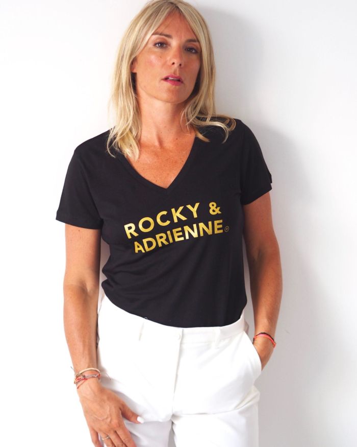 T-Shirt Col V ROCKY & ADRIENNE    Black / Gold Glitter