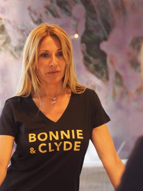 T-Shirt Col V BONNIE & CLYDE Black / Gold Glitter