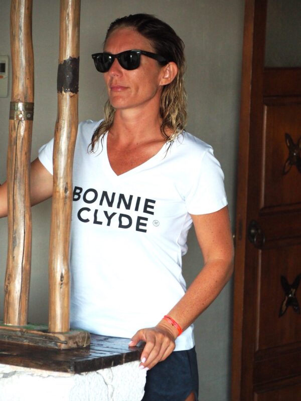 T-Shirt Col V  BONNIE & CLYDE Blanc / Black