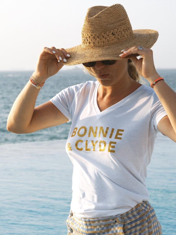 T-Shirt Col V BONNIE & CLYDE White / Gold Glitter