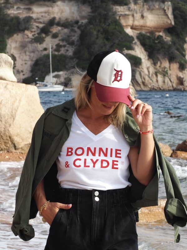 T-Shirt Col V BONNIE & CLYDE Blanc / Rouge