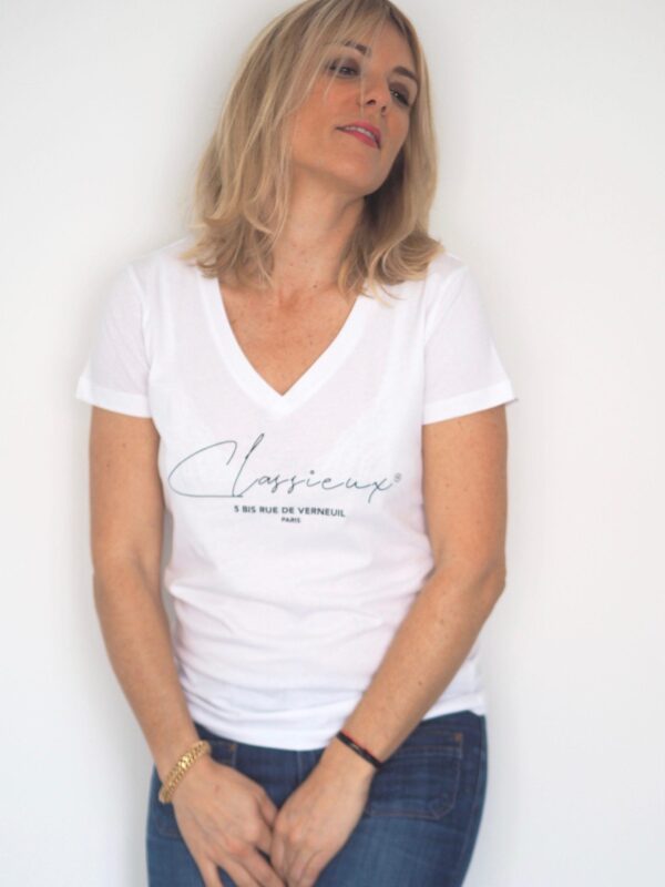 T-Shirt Col V CLASSIEUX Blanc / Black