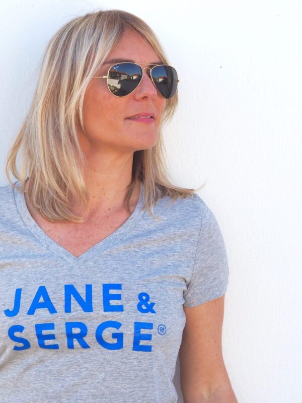 T-Shirt Col V JANE & SERGE Gris chiné / Bleu Klein
