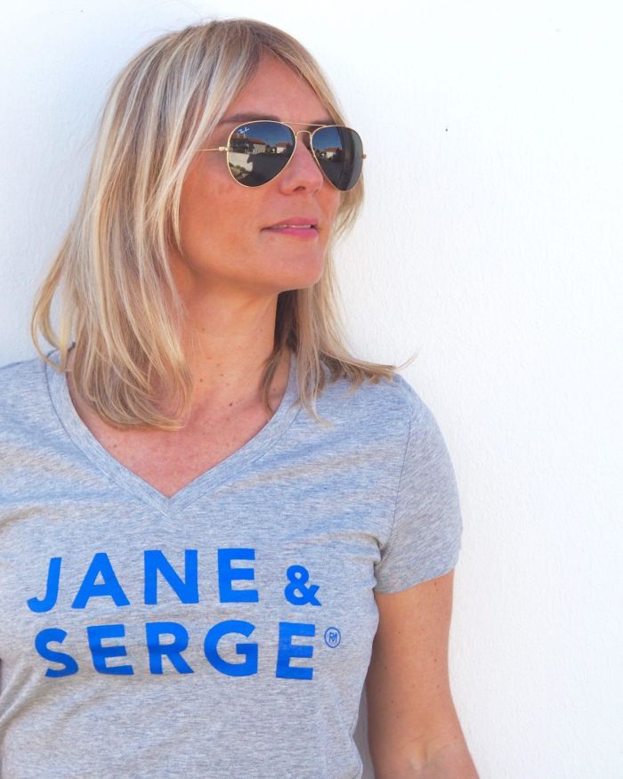 T-Shirt Col V JANE & SERGE  Gris chiné / Bleu Klein
