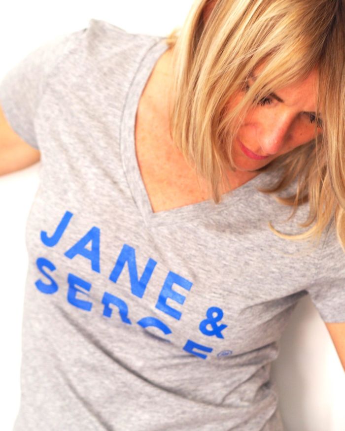 T-Shirt Col V JANE & SERGE  Gris chiné / Bleu Klein