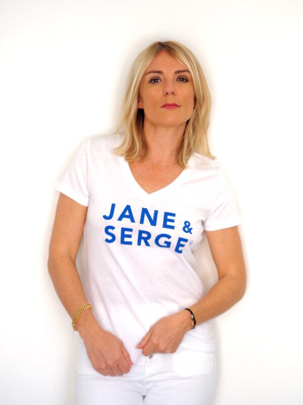 T-Shirt Col V JANE & SERGE Blanc / Bleu Klein