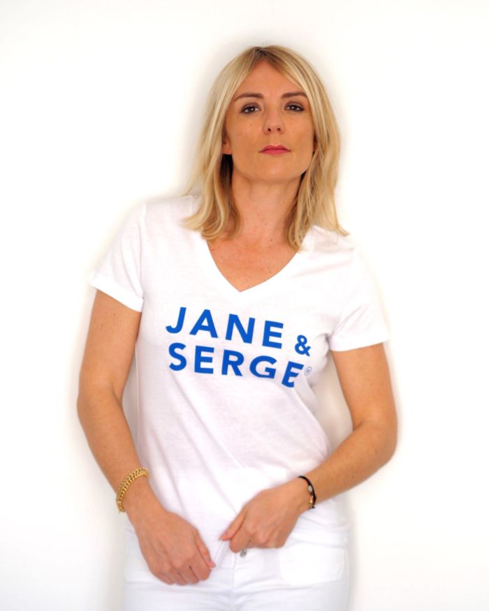 T-Shirt Col V JANE & SERGE  Blanc / Bleu Klein
