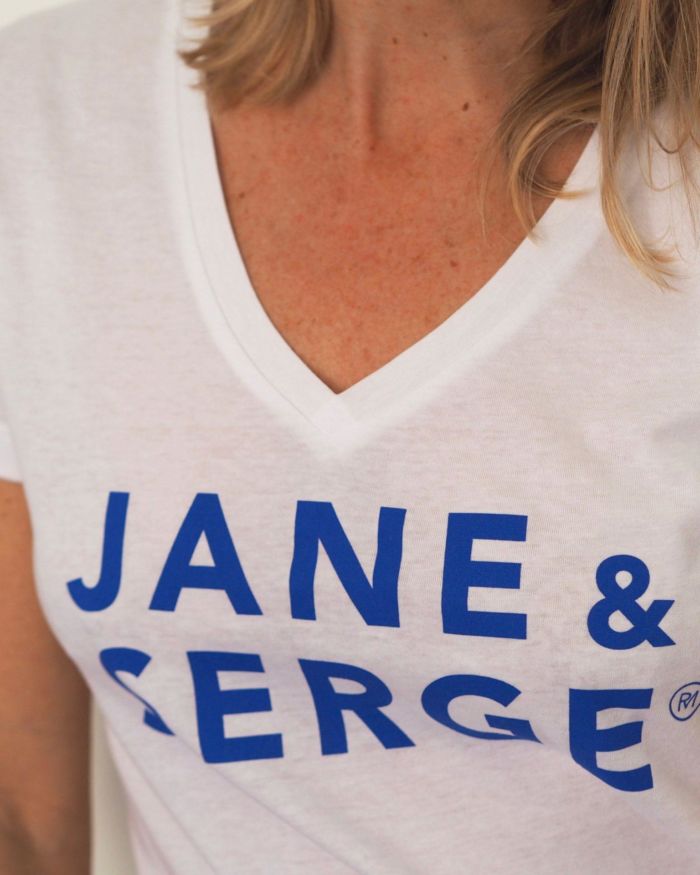 T-Shirt Col V JANE & SERGE  Blanc / Bleu Klein