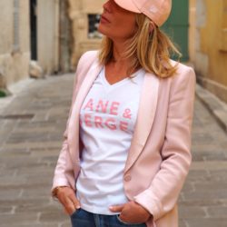 T-Shirt Col V JANE & SERGE  Blanc  / Rose poudré
