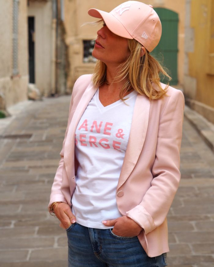 T-Shirt Col V JANE & SERGE  Blanc  / Rose poudré