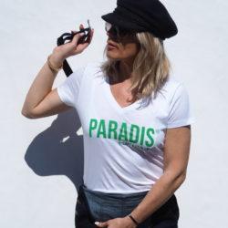 T-Shirt Col V PARADIS Forever Blanc / Vert