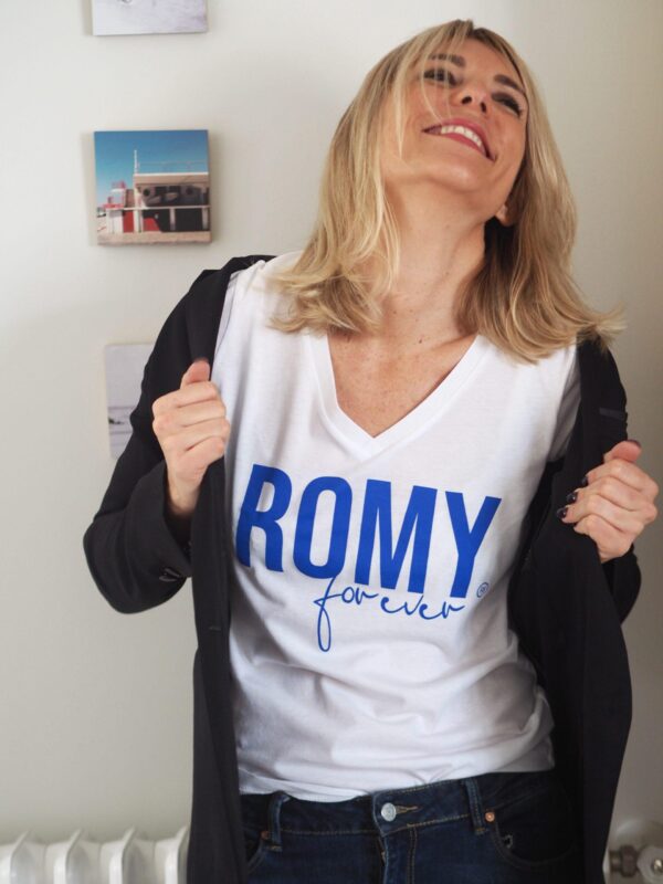 T-Shirt Col V ROMY Forever Blanc / Bleu Klein