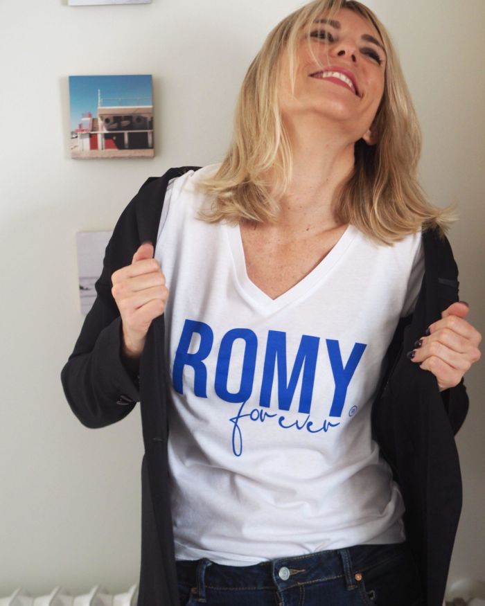 T-Shirt Col V ROMY Forever Blanc / Bleu Klein