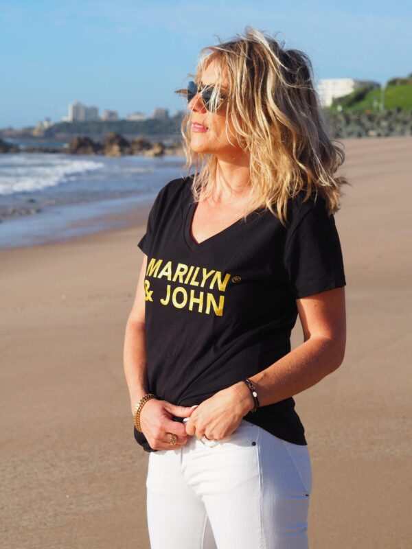 T-Shirt Col V MARILYN & JOHN Black / Gold Glitter