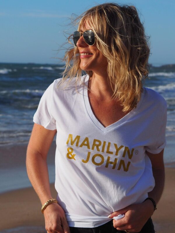 T-Shirt Col V MARILYN & JOHN Blanc / Gold Glitter