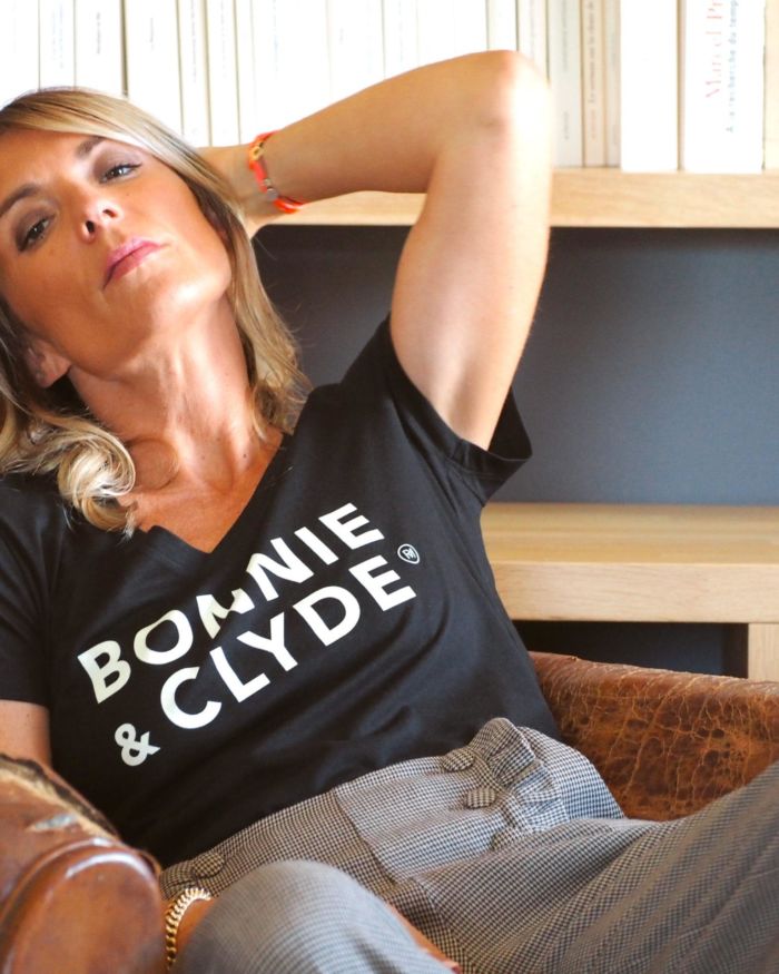 T-Shirt Col V  BONNIE & CLYDE Black / Amande