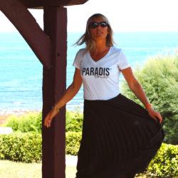 T-Shirt Col V PARADIS Forever Blanc / Black