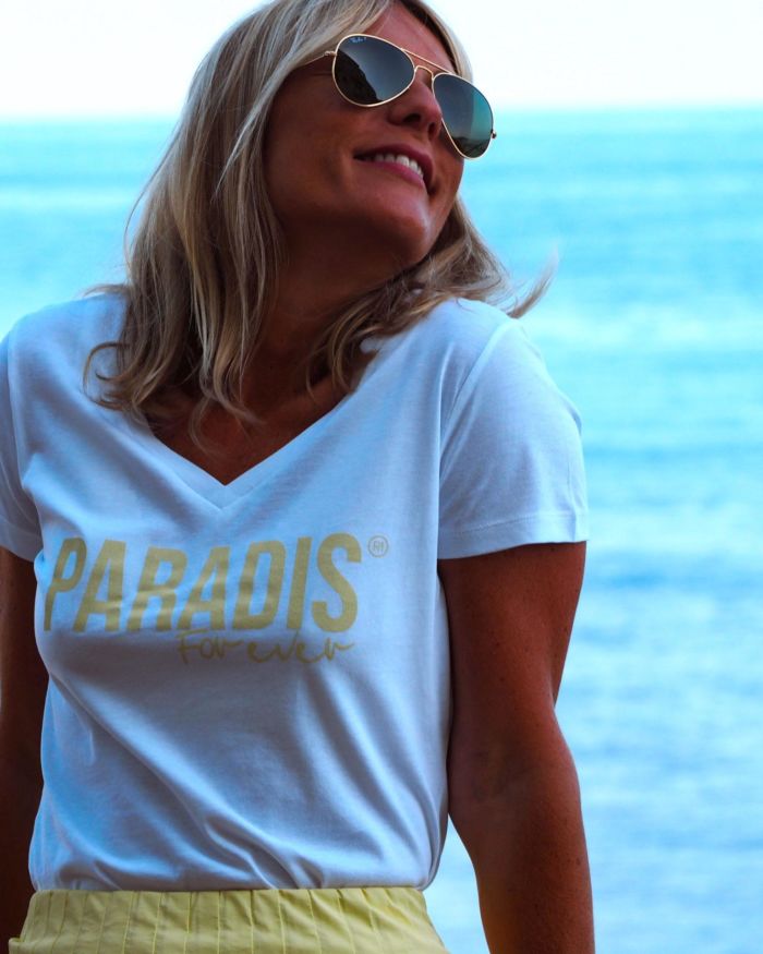 T-Shirt Col V PARADIS Forever Blanc / Jaune poudré