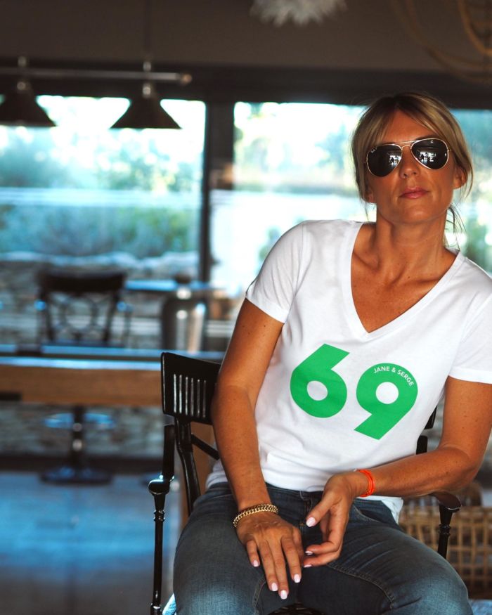 T-Shirt Col V 69 JANE & SERGE  Blanc / Vert