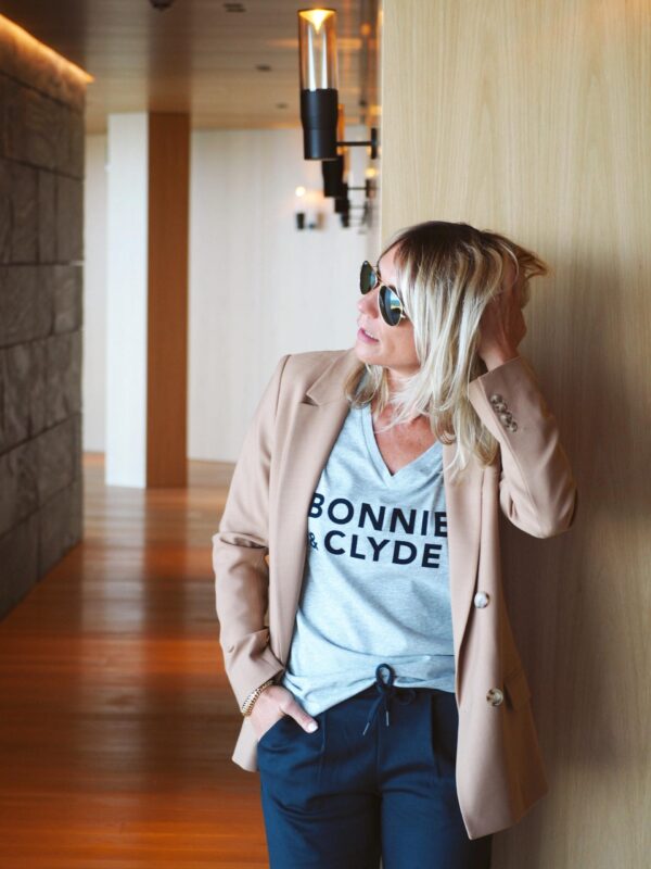 T-Shirt Col V  BONNIE & CLYDE Gris chiné / Velours Marine
