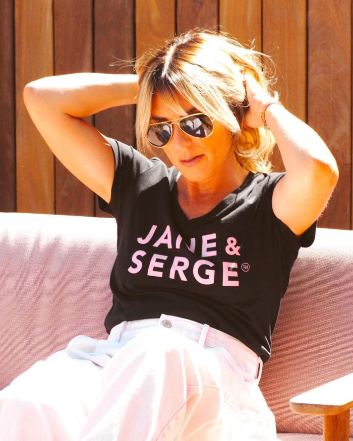 T-Shirt Col V JANE & SERGE  Black / Rose poudré